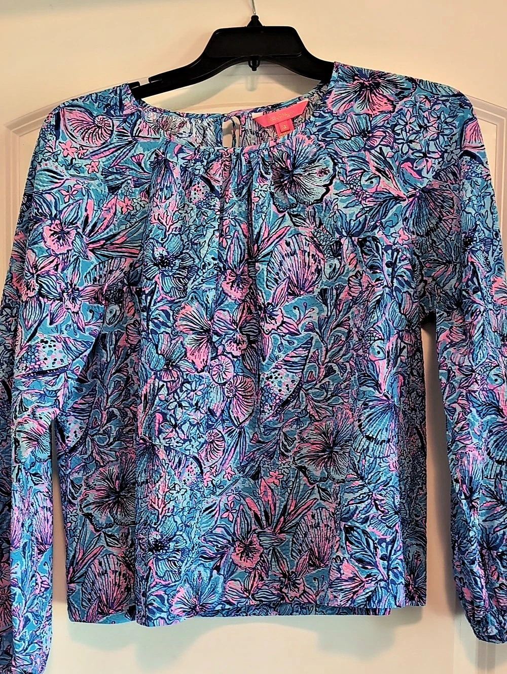 Lilly Pulitzer Floral Long Sleeve Blouse in Blue & Pink XL Like New